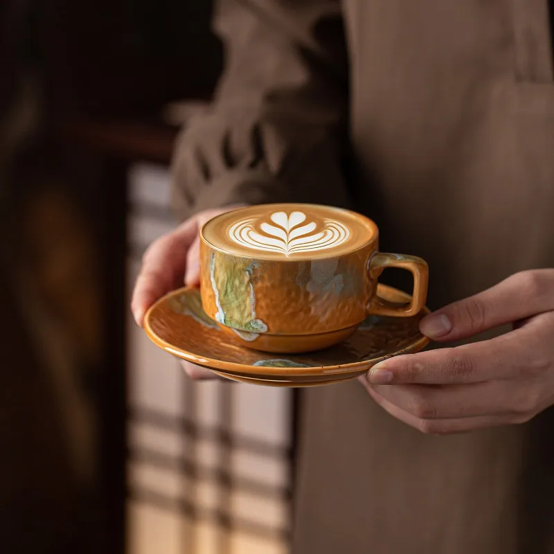 Irregular Shape Ceramic Coffee Cup And Saucer Set Retro Latte Mug Afternoon Tea Water Cup