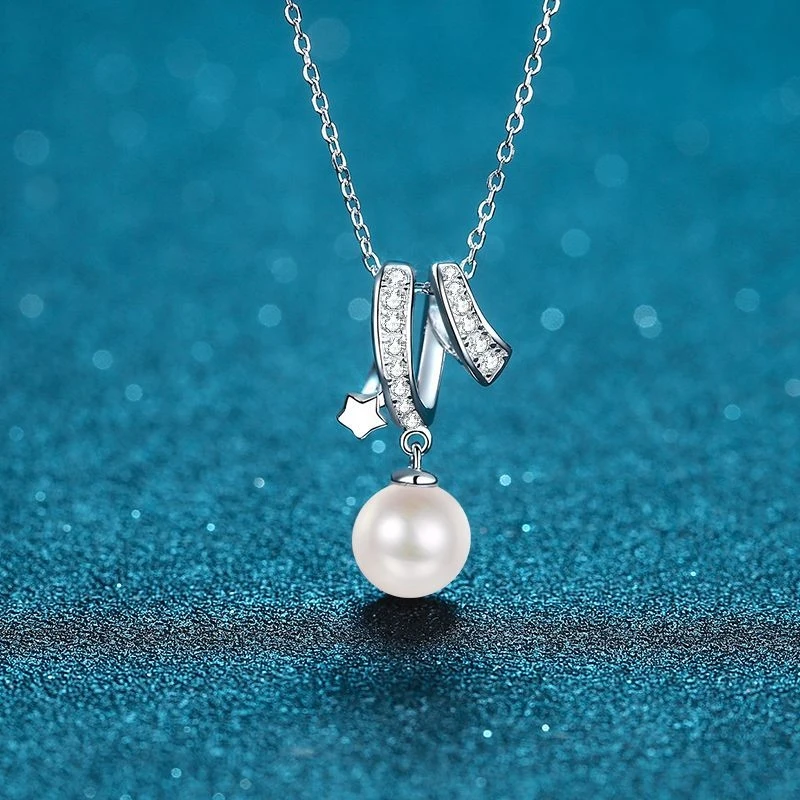 S925 Sterling Silver Crisscross Choker Necklace  8mm Flawless Freshwater Pearl & Moissanite