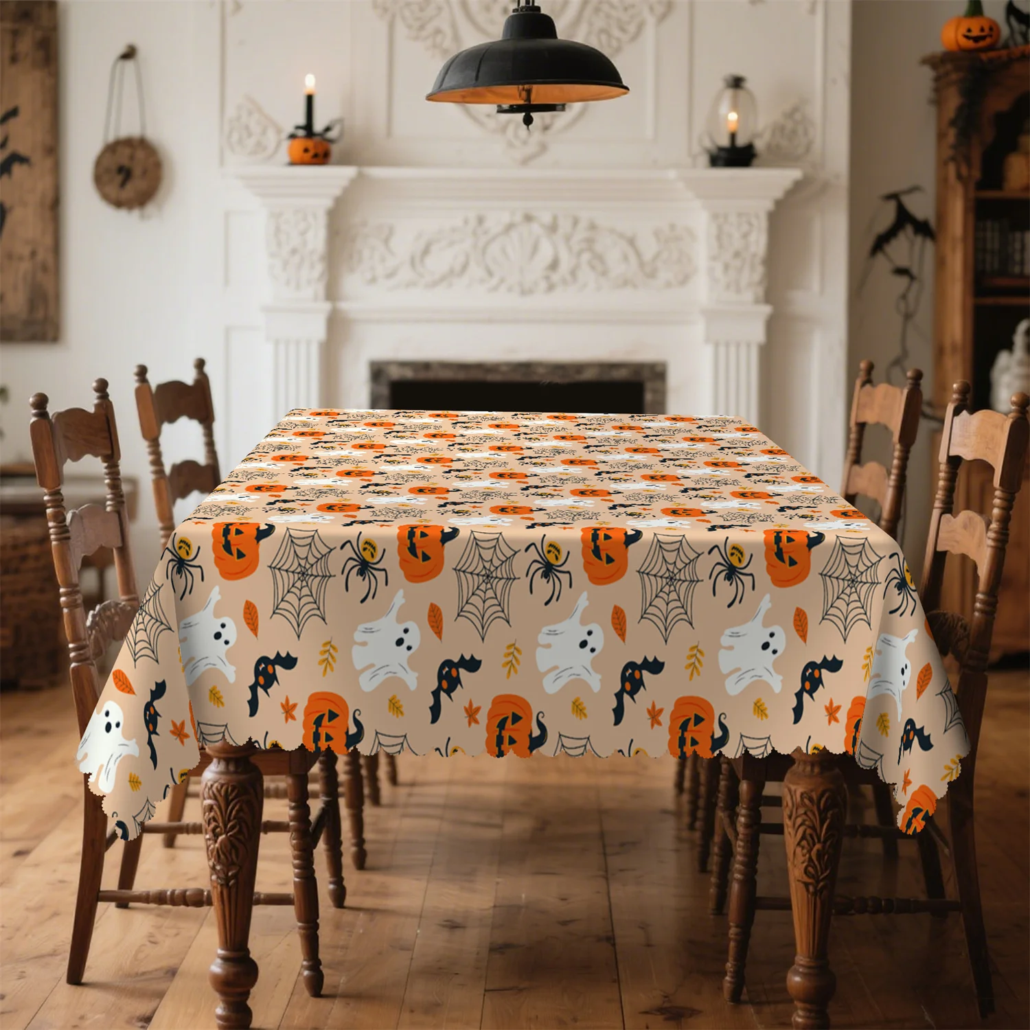 Pumpkin lanterns, bats, spider webs, dried leaves, Halloween tablecloths for rectangular and round dining tables