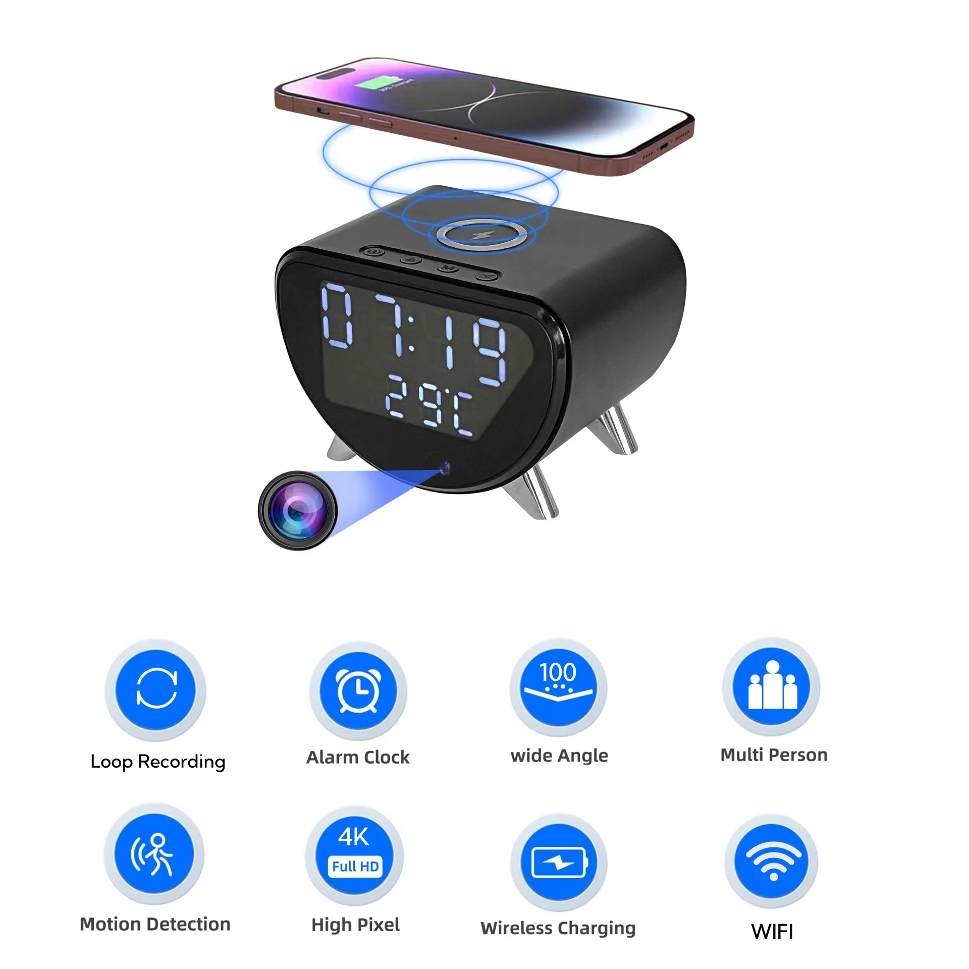 

C4 Alarm Clock Mini Camera 4K HD Wireless Charger and Display Temperature Motion Detection Surveillance with 32GB SD Card