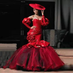 Fashion Couture Long Party Dresses Boning Burgundy Mermaid Prom Gowns Peplum Floral Off Shoulder Prom Gown Sleeves Layered