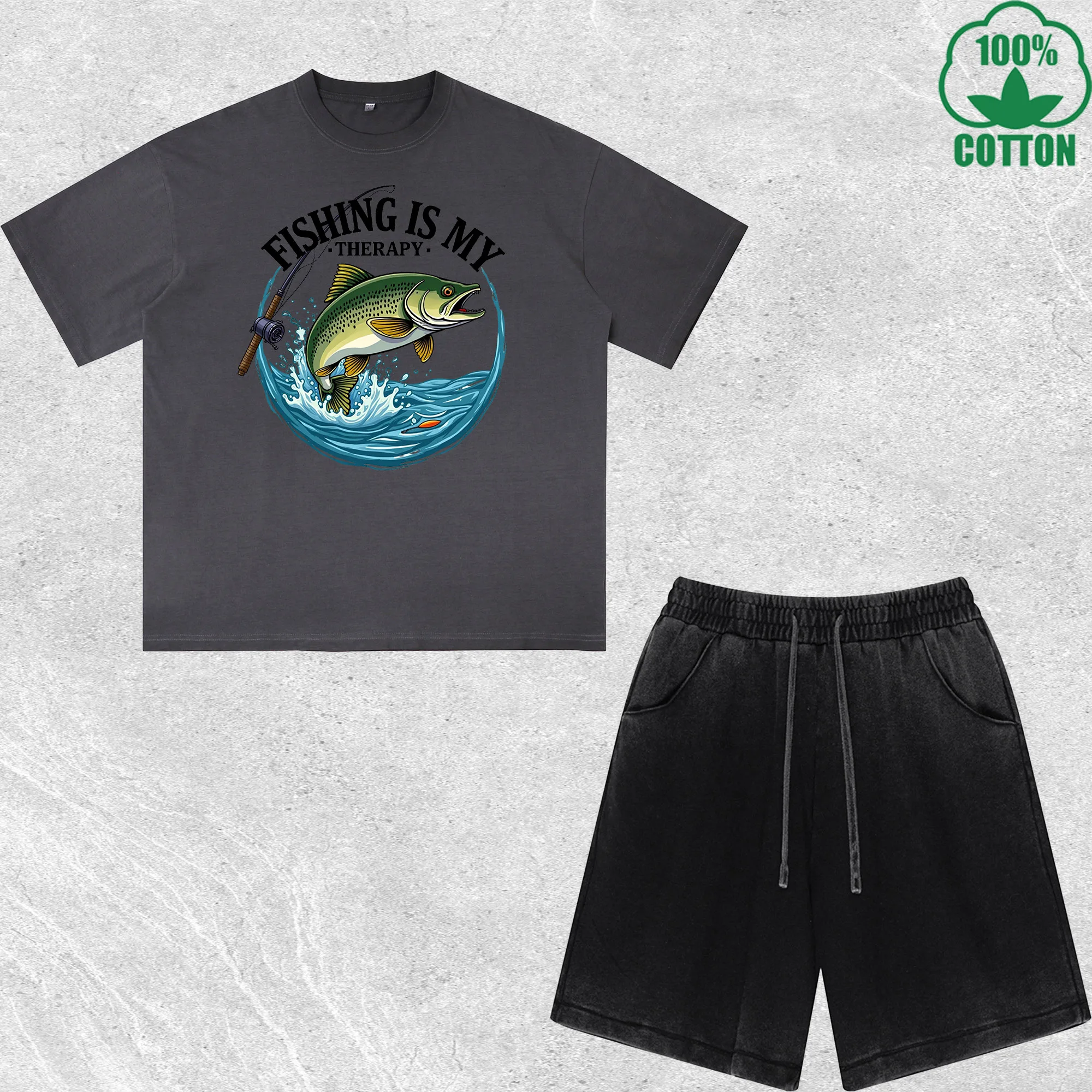

Fishing Is My Therapy Printed Dirty Wash T-Shirt Shorts Set Multicolor Combo Loose Trendy Fashionable 100%Cotton