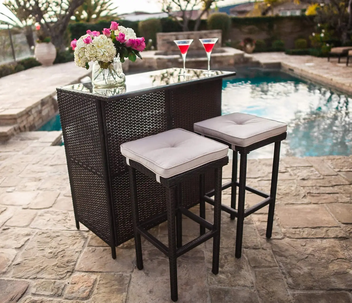 Outdoor Bar Set 3-Piece Rattan Wicker Patio Furniture, Glass Bar and Two Stools with Cushions and 9 FT Patio Umbrella for Patios