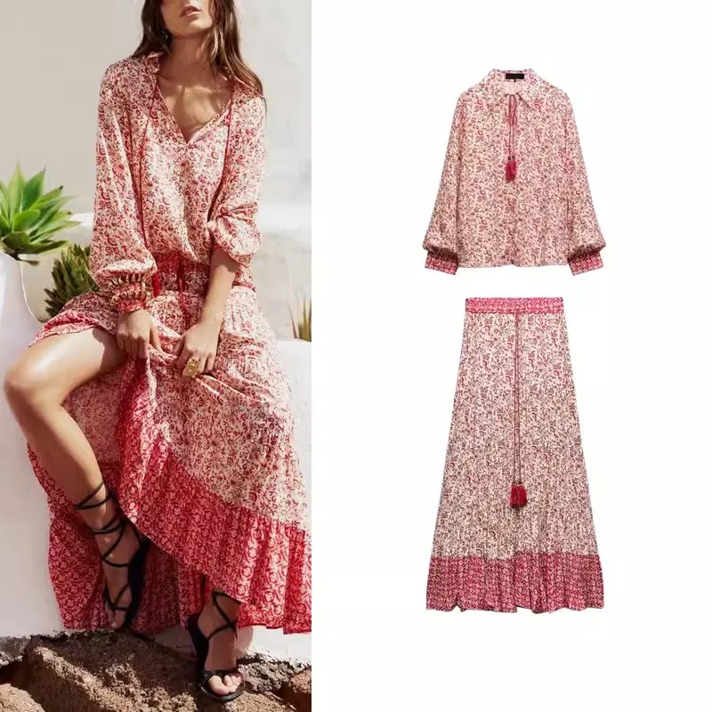 Vintage Boho Red Flower Print abiti da donna manica lunga con scollo a V camicie con nappe + Ruffles gonne lunghe Fashion 2024 Boho Holiday Sets