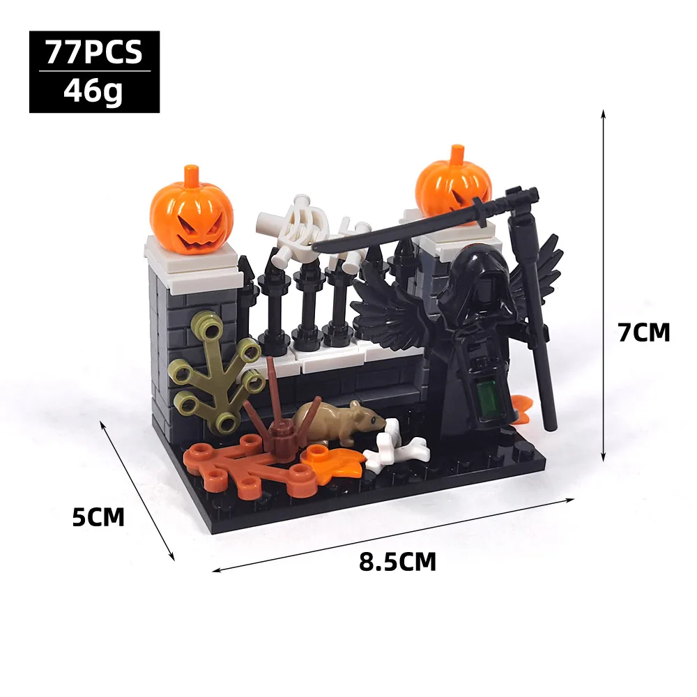 Halloween MOC Cemetery Scene Building Blocks Pumpkin Skull Ghost Death Reaper Spirit Creative Bricks Toys Compatible With LEGO