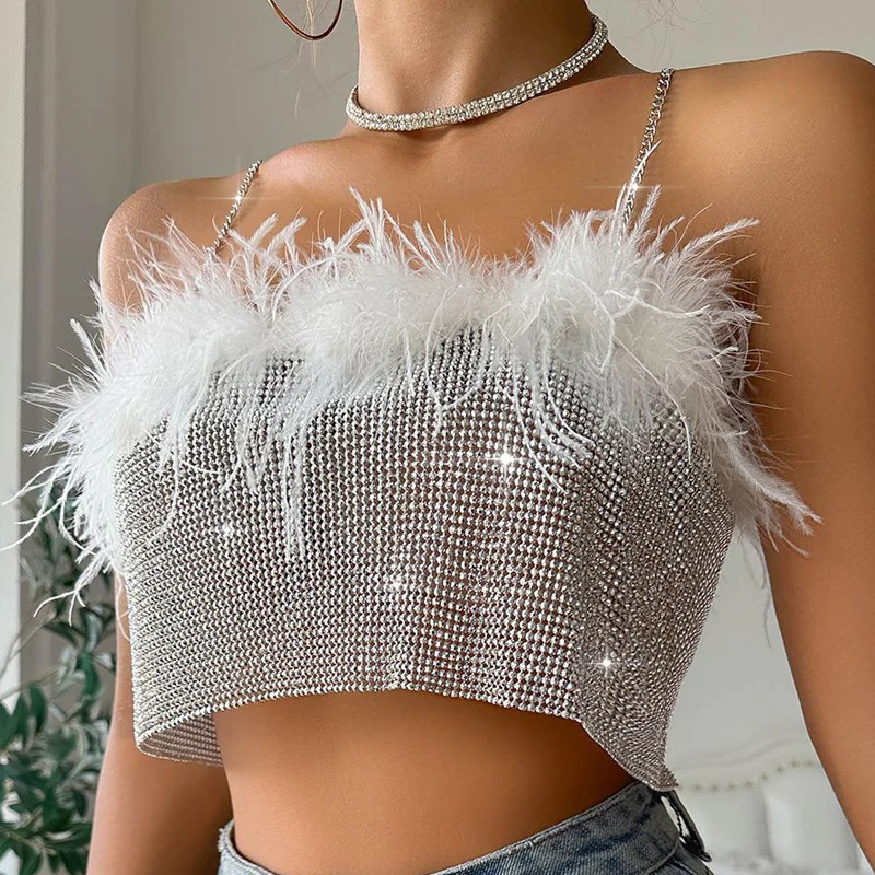 Sexy cota de malla de Metal con lentejuelas hechas a mano, decoración de plumas de diamantes de imitación, Top Halter con lentejuelas, chaleco sin espalda con lentejuelas metálicas para fiesta