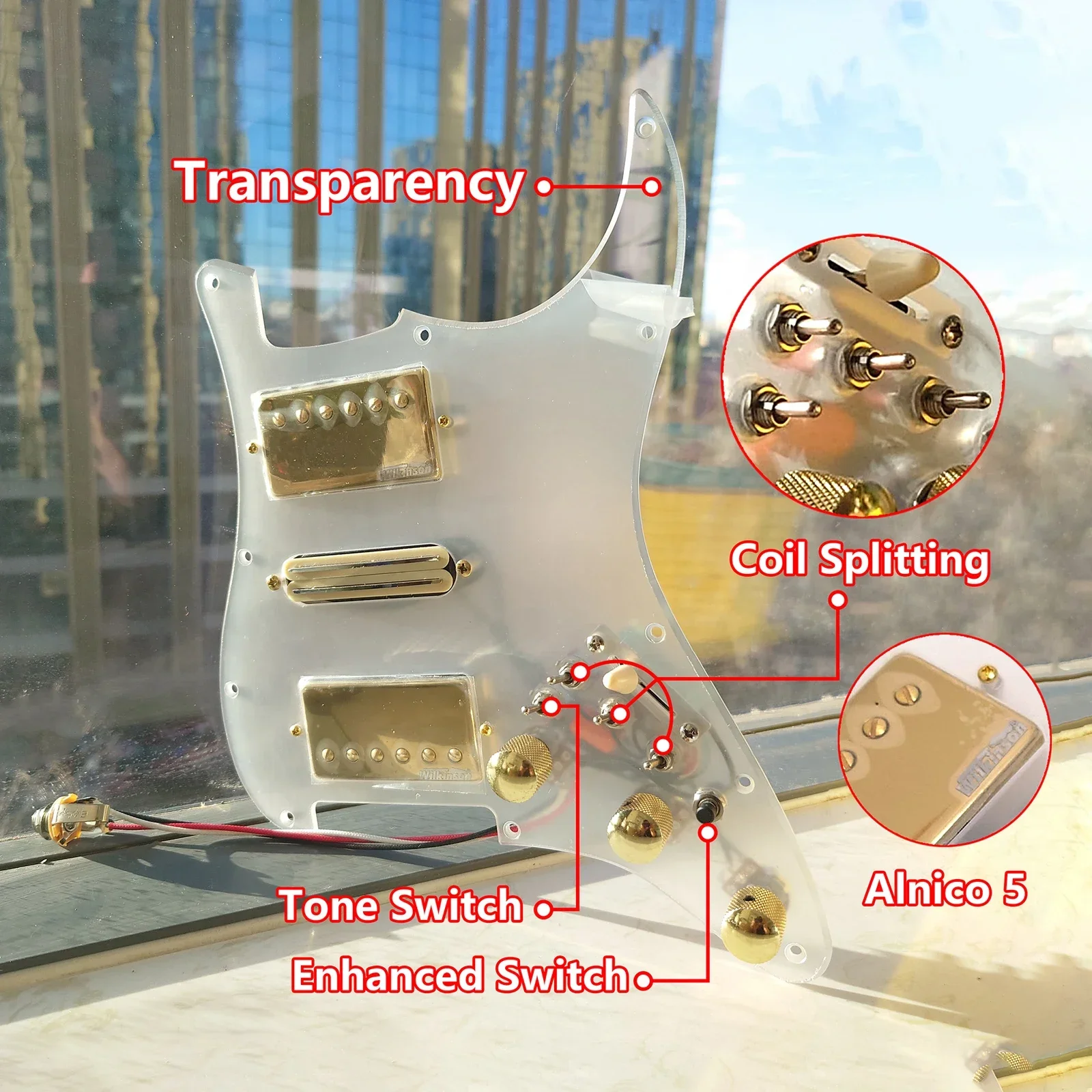 Prewired HSH Loaded Electric Guitar Pickguard Transparent Scratch Plate with Coil Split Alnico 5 Humbucker Pickups for ST
