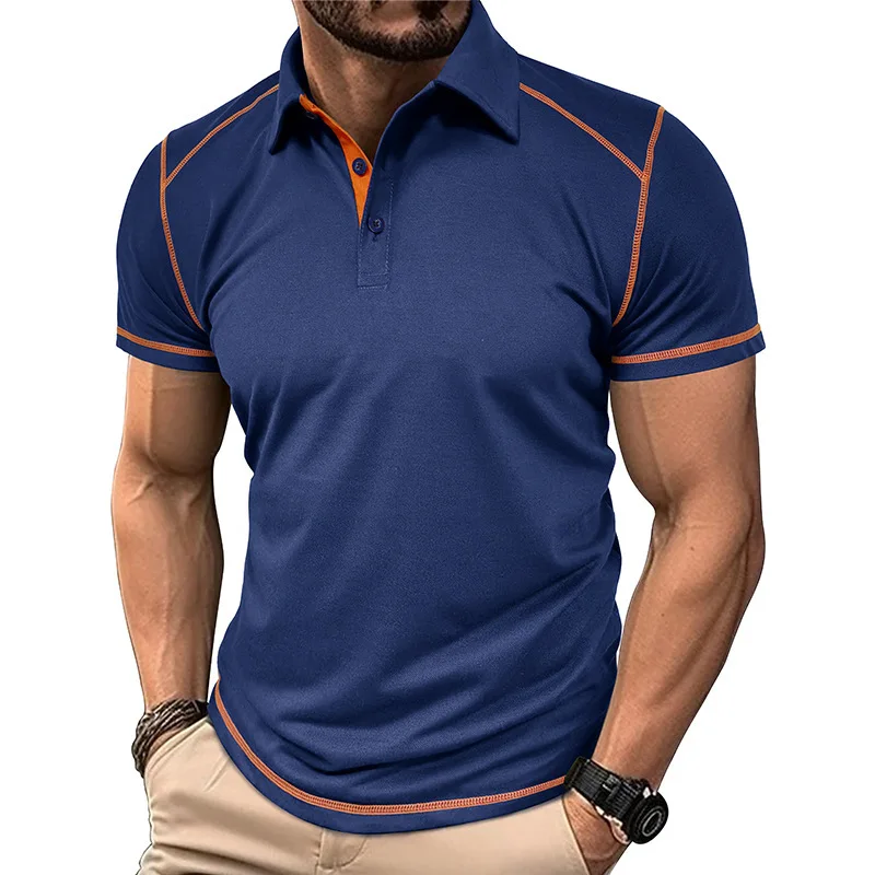 

Men's Summer Solid Color Lapel Short Sleeve Henry Shirt Quick Drying Casual Polo Shirt Fashion Color Matching Slim Fit T-shirt