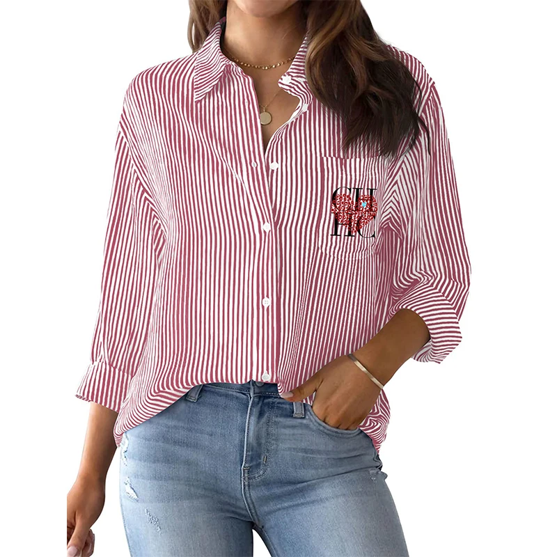 Camisa listrada de manga comprida feminina, Tops femininos, Camisas elegantes, Comutação, Clássico, Escritório, Nova Tendência, Elegante, Casual