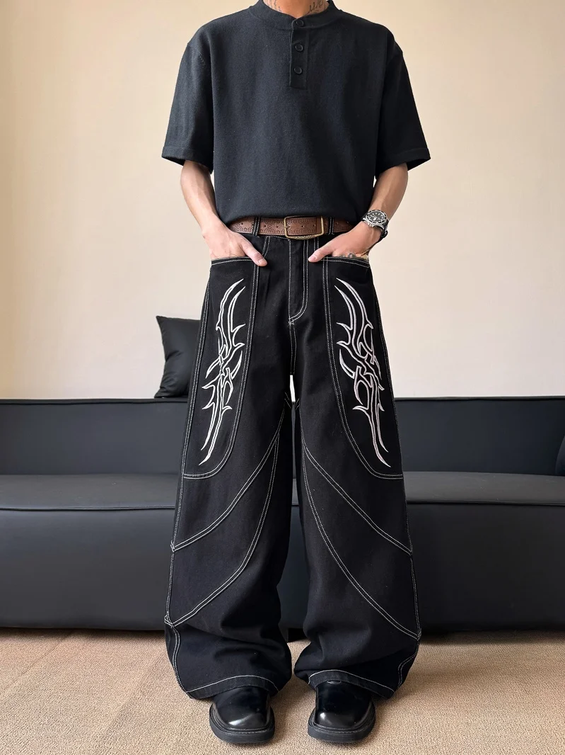 

Мужские джинсы с тяжелой вышивкой, летние американские свободные прямые брюки, длинные модные уличные крутые широкие брюки, повседневный прямой крой