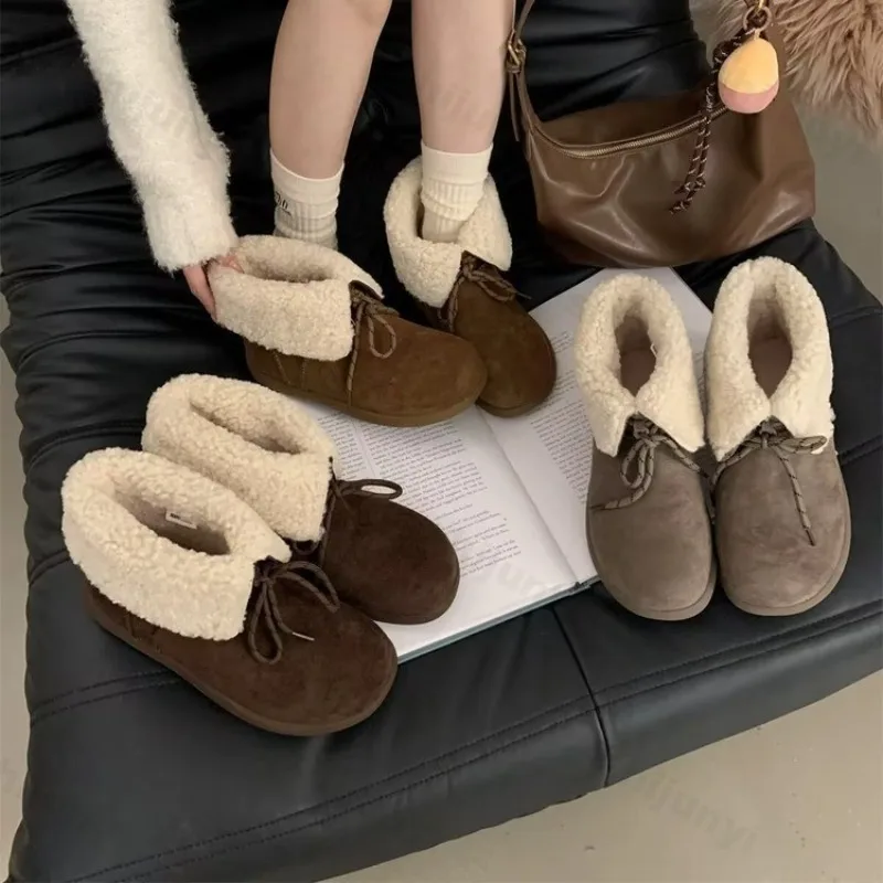 

Vintage Warm Turned-over Edge Short Boots for Women 2025 Winter New Fashion Versatile Plush Comfortable Faux Suede Cotton Boots