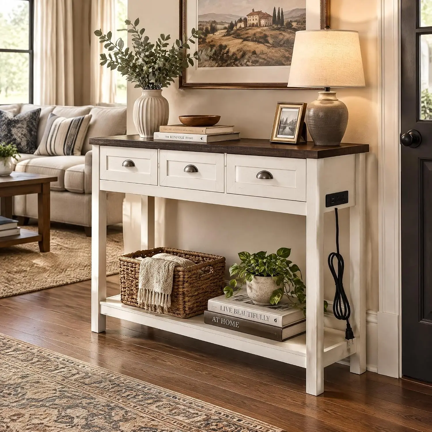 Farmhouse Console Table With Charging Station 3 Drawers & Open Shelf 51.2 Inch Narrow Entryway Sofa Table With USB-A USB-C Ports