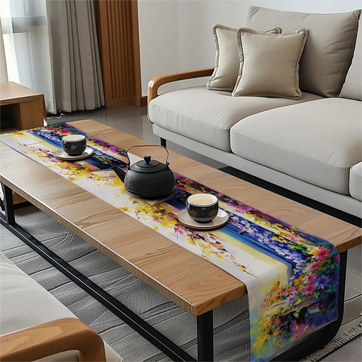 print table runner Floral Window Box Impressionist Style Tablecloth for Seasonal Celebrations Both Indoor And Outdoor Dining Set