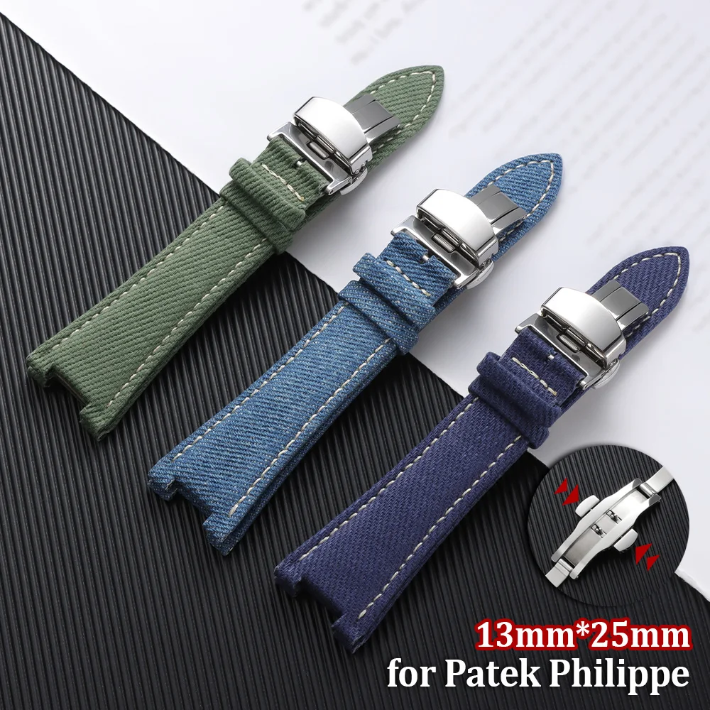 25*13mm Gold Buckle Sailcloth Watch Strap Men Women Bracelet Nylon Cowhide Watchband for Patek Philippe Nautilus 5711 5712 7010G