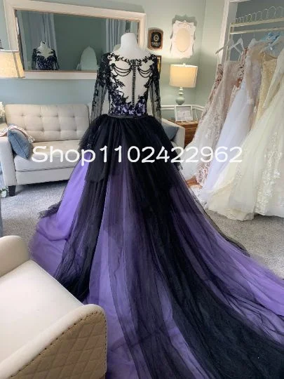 Black Purple Gothic Tutu Wedding Dresses with Illusion Sleeve Hanging Beaded Lace Applique Bridal Gown Cathedral Train