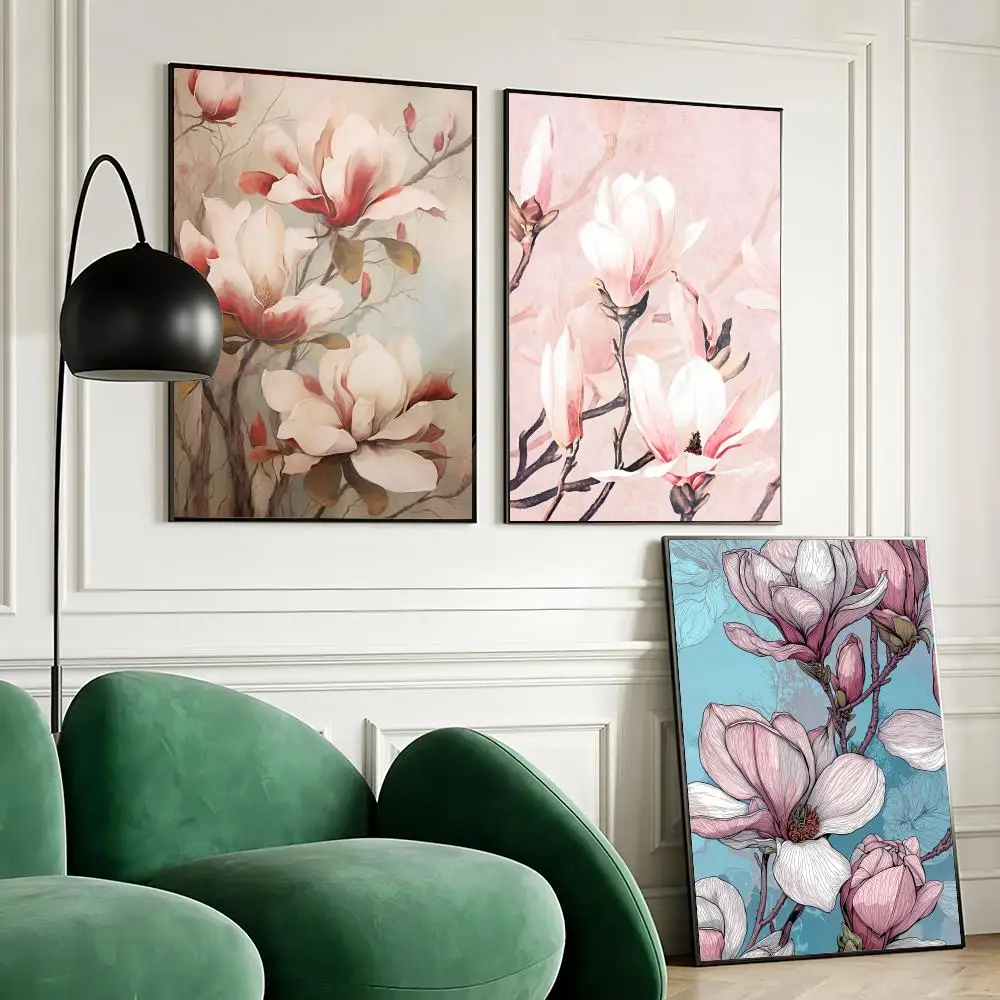 Beautiful Magnolia Flowers Poster Waterproof Wall Art Sticker for Home Bar Decoration, Self-Adhesive Room Wall Decor Mural