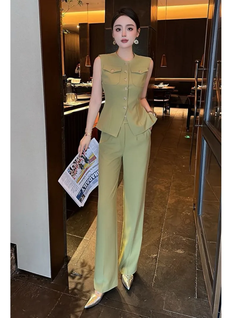 

New Small Fragrance Summer Women's Suit Fashion Office Lady Sleeveless Vest Top + Straight Pants Trousers Two Piece Set Outfit
