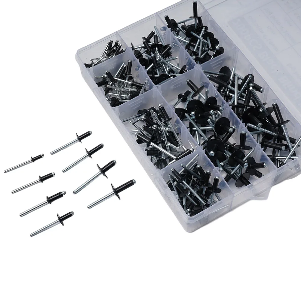 200pcs/Set Assorted Black Rivets Standard & Large Flange Aluminum Alloy 8-18mm Blind Multi-Grip POP-Rivet - Color