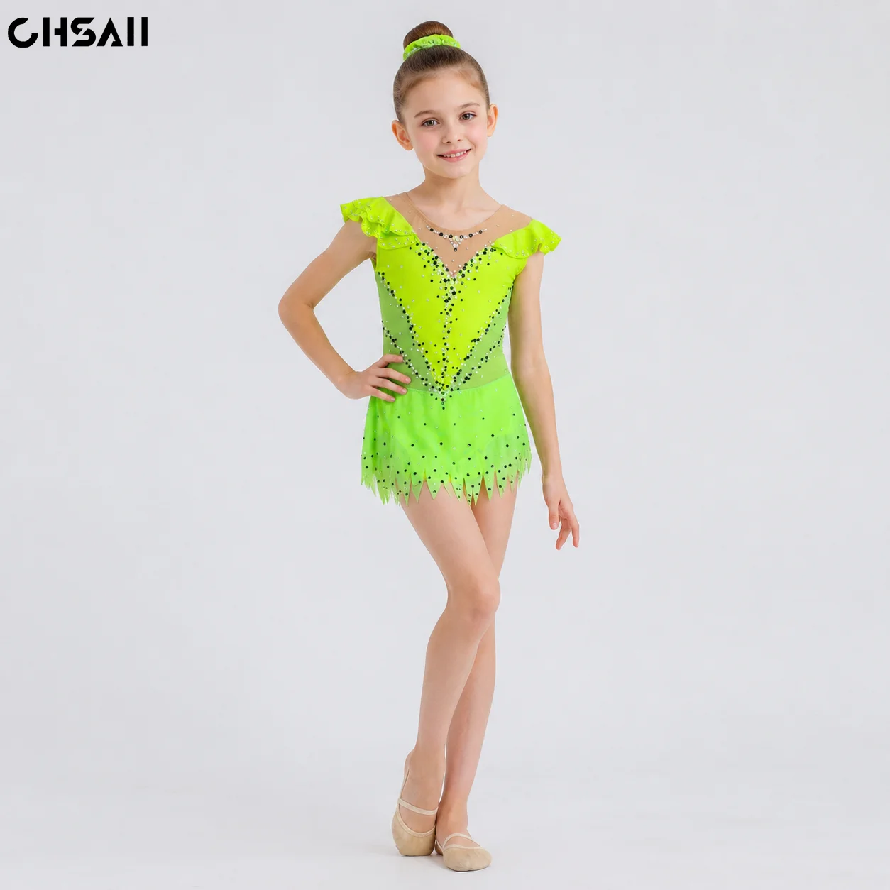 Maillot de Gimnasia Rítmica para Niñas, Color Verde Neón, con Pedrería, Mangas con Volantes, Falda de Malla, Traje de Competición de Danza para Niñas