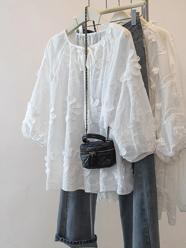 

Spring 2026 Women's Loose Long Sve irt Floral 3D oulder Design Breathable Comfortable Casual Top Trendy plus Size