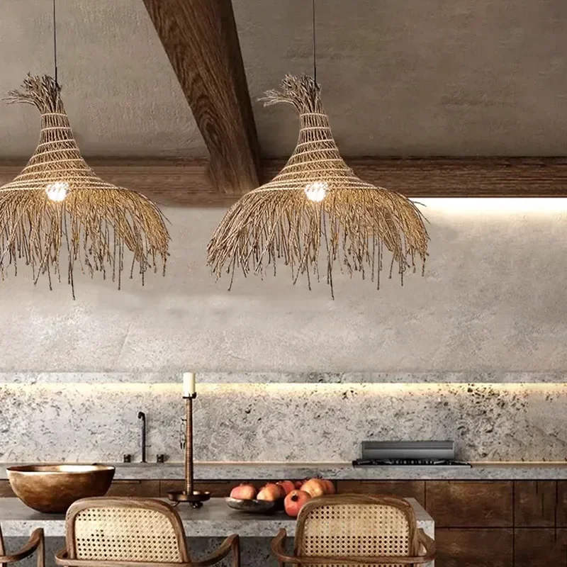 Wabi Sabi Rattan Weaving Straw Hat Chandelier Nordic Retro Living Dining Room Pendant Lights Restaurant Bar Hanging Lamp Fixture
