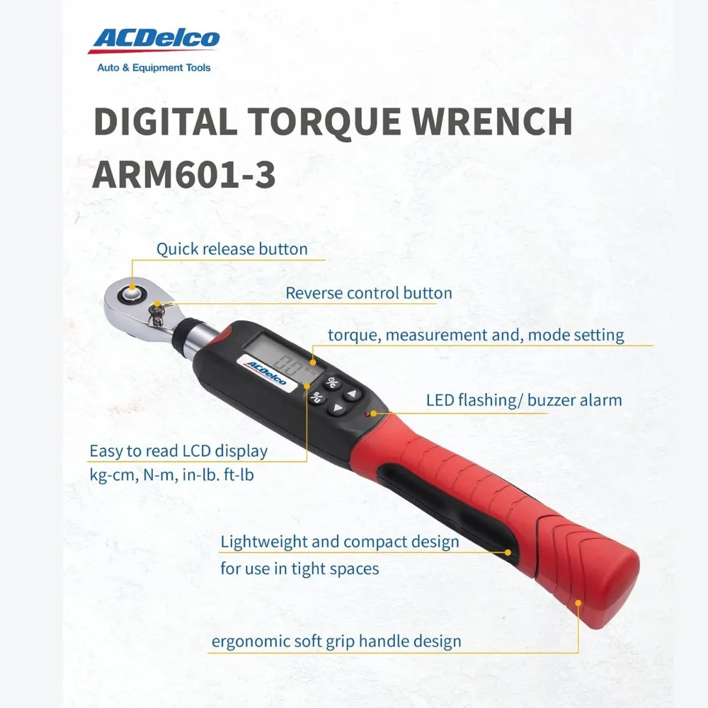 3/8” Digital Torque Wrench with LED & Buzzer Alert, 3.7-37 ft-lbs Range, ISO 6789 Certified with Calibration