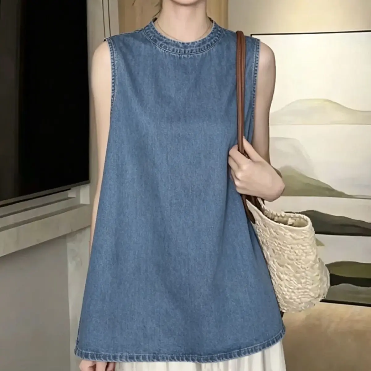 Women Summer New Loose Casual Rear Split Thin Denim Temperament Top