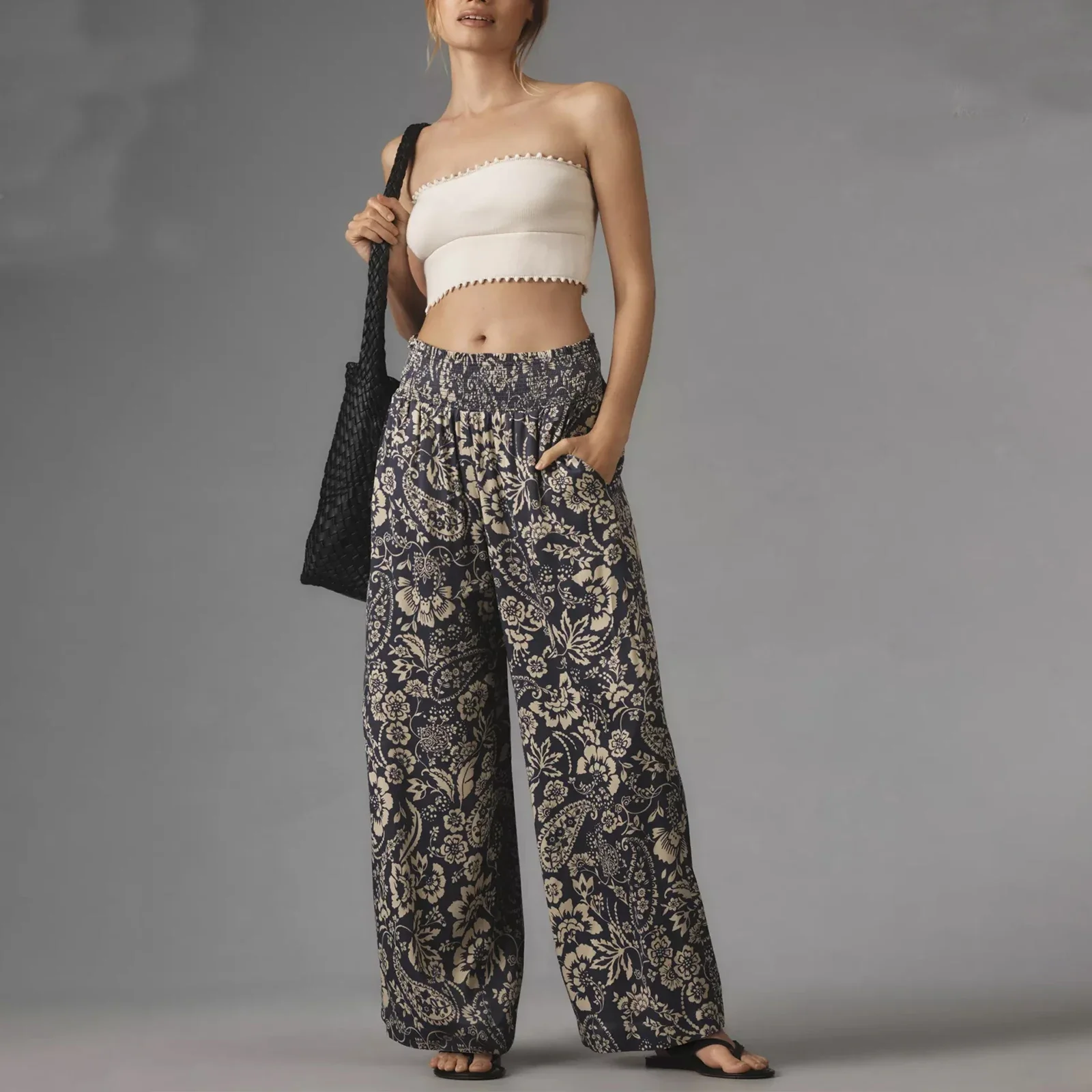 Women's Spring Summer Baggy Pants Elastic Waistband Loose Wide Leg Floral Pants