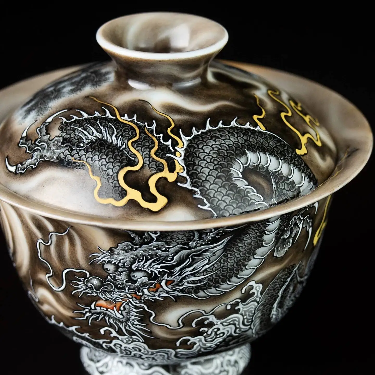 Sacred Mountain High-End Silk-Textured Xuan Color Pastel Ink Hand-Painted Five Dragon Ceramic Tea Set Gaiwan