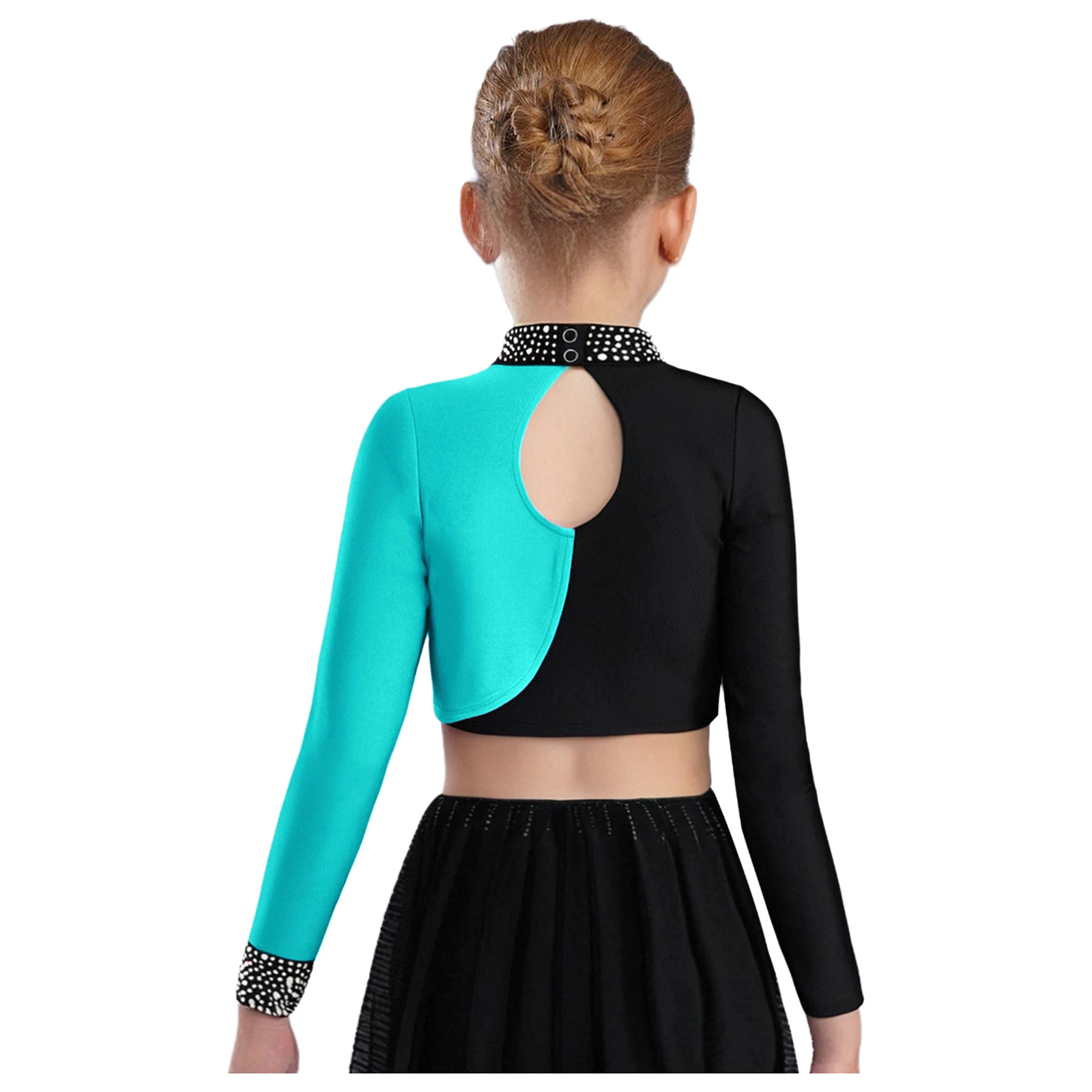 Kids Girls Gymnastics Ballet Dance Top Figure Skating Costume Long Sleeve Keyhole Back Color Block Shiny Rhinestones Crop Top