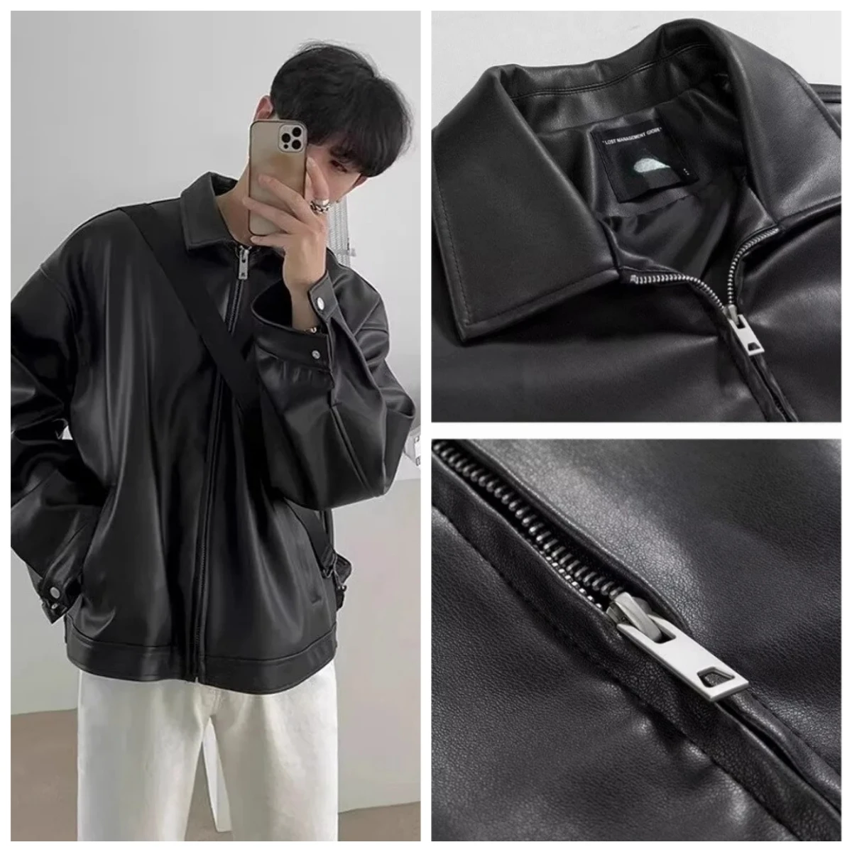 Men's Leather Jacket Coat Fashion Lapel Collar Zip-up Leather PU Jackets Men Winter Outdoor Leather Coat Streetwear