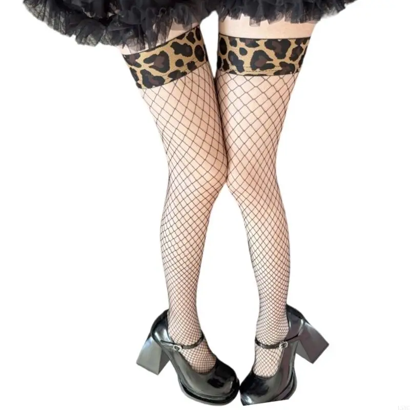 L5YC Elastyczne kabaretki z akcentem lamparta na podkolanówkach Opaska antypoślizgowa do codziennych strojów