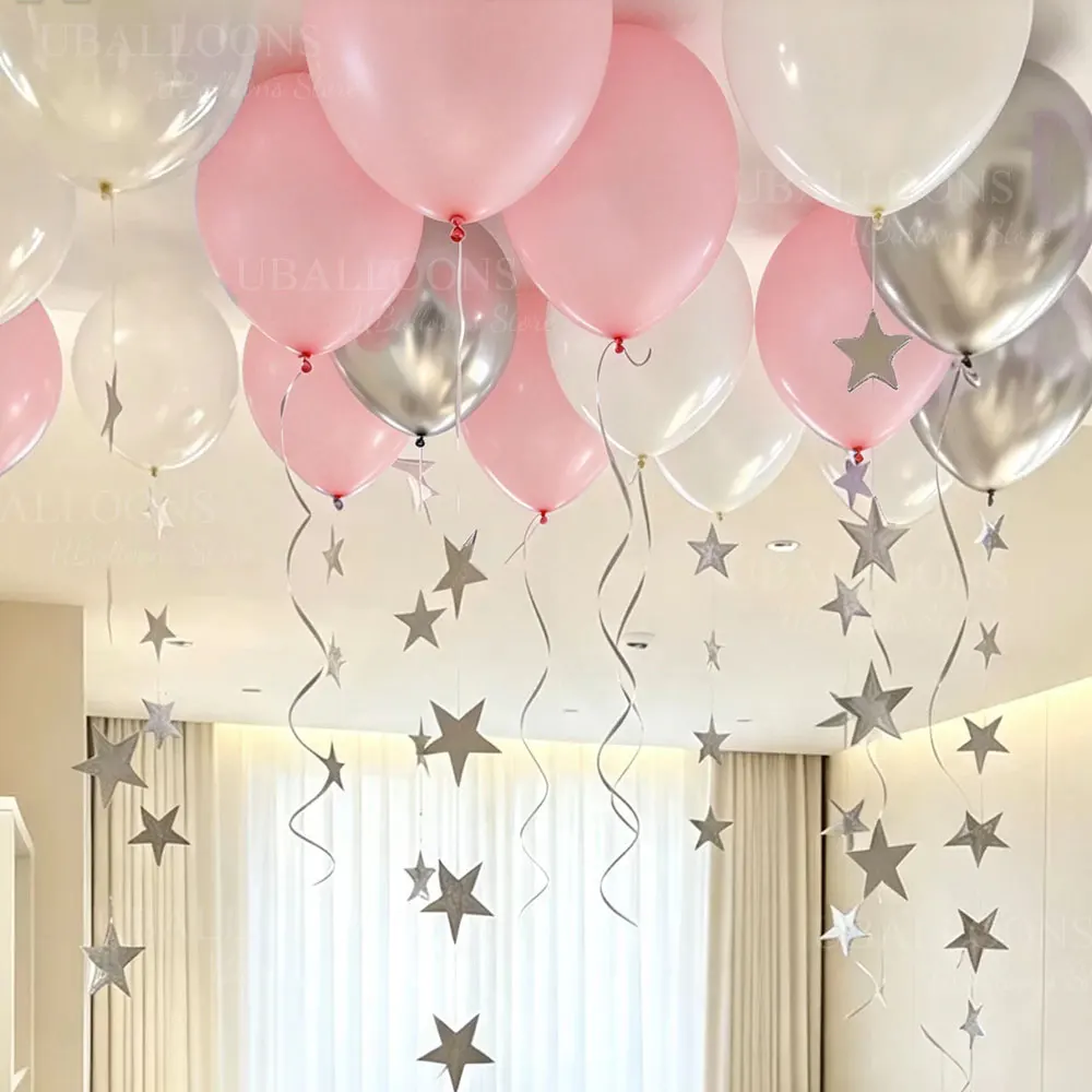 33pcs White Pink Balloons with Silver Star Hanging Garland Stars Hanging Tail Balloon for Birthday Baby Shower Party Decor Favor