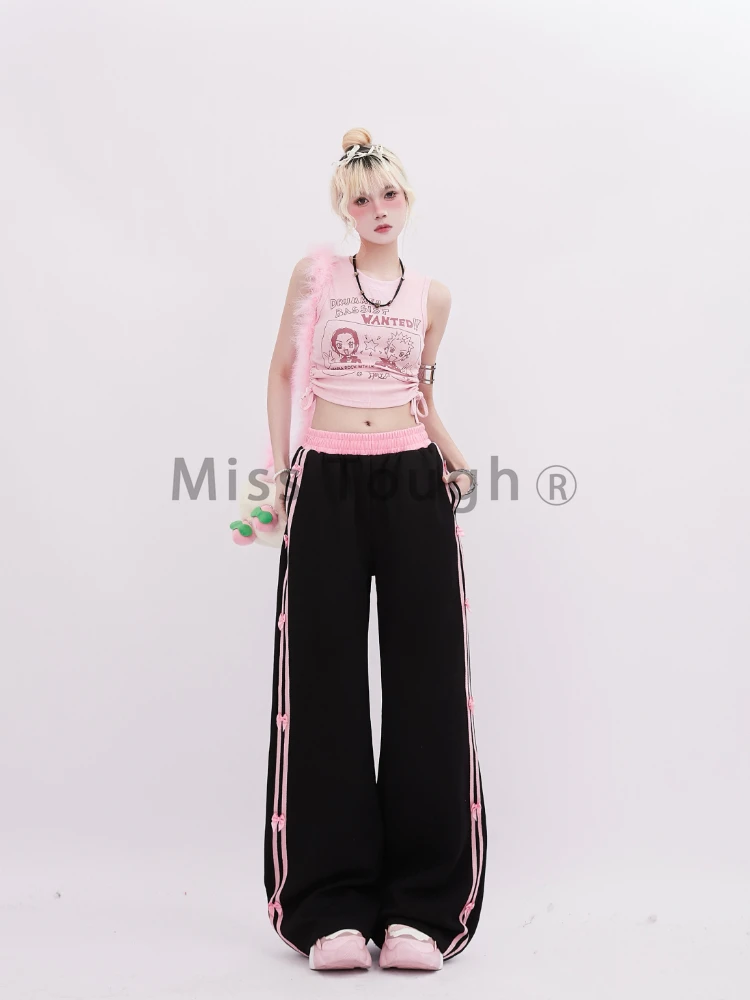 Aesthetic Vintage Bowknot Wide Leg Pants Women Casual Design High Waist Strip Baggy Pant Female Y2k Retro Loose Natural Trousers