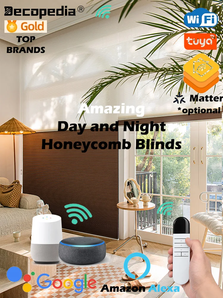Decopedia Motorized Honeycomb Blinds Smart Motorized Day and Night Blinds Cellular Shades for Windows  Wifi Google Alexa