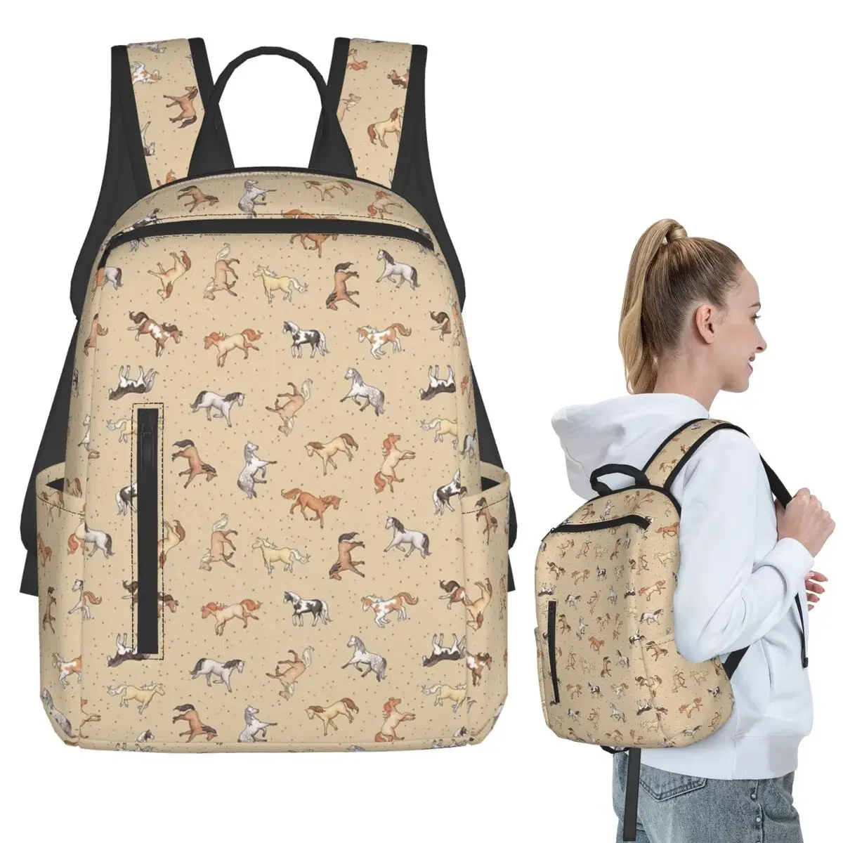 

Scattered Horses Spotty On Taupe Pattern Backpack Student Boys Girls BookBag Kids School Bag Laptop Shoulder Bags for Men Women