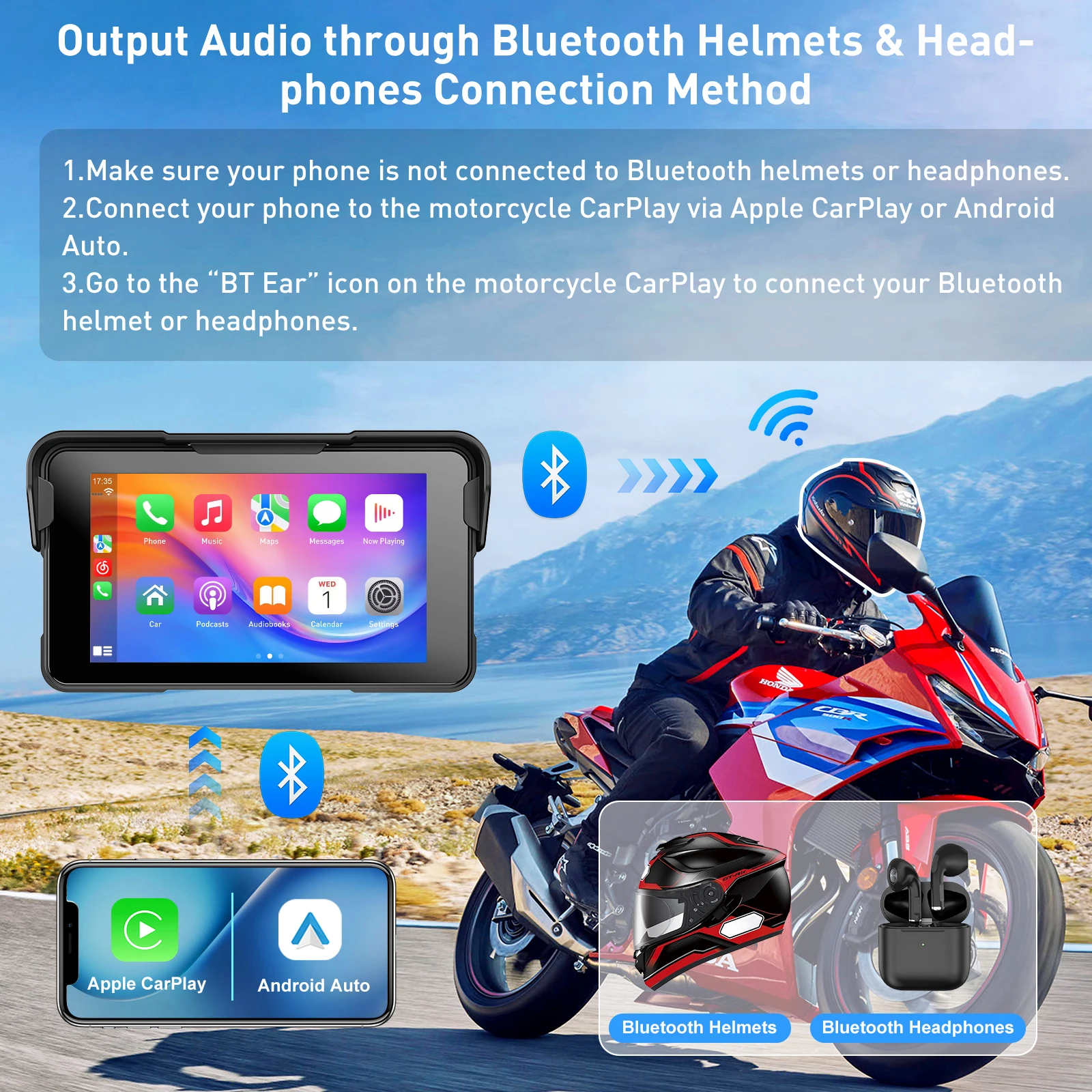 ESSGOO Navigatore GPS Portatile da 5 Pollici per Moto con Carplay Wireless, Android Auto, Impermeabile IP67, Bluetooth 5.0, Touchscreen, USB, TF, Controllo Vocale AI