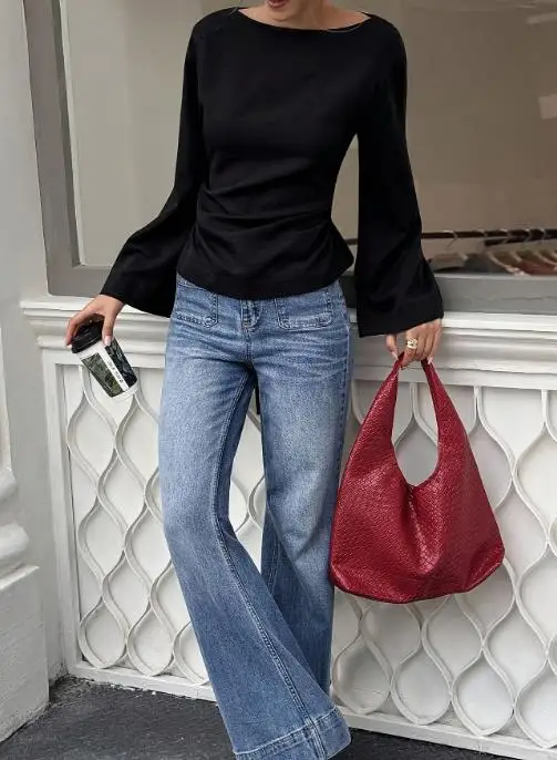 2025 جديد عصري غير رسمي أنيق مثير تي شيرت تنوعا الخصر Cinching قارب طوق شخصية الشارع القرن بأكمام طويلة