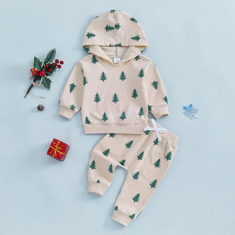 Toddler Boy Christmas Sets All-over Tree Print Long Sleeve Hooded Sweatshirt Long Pants Outfits