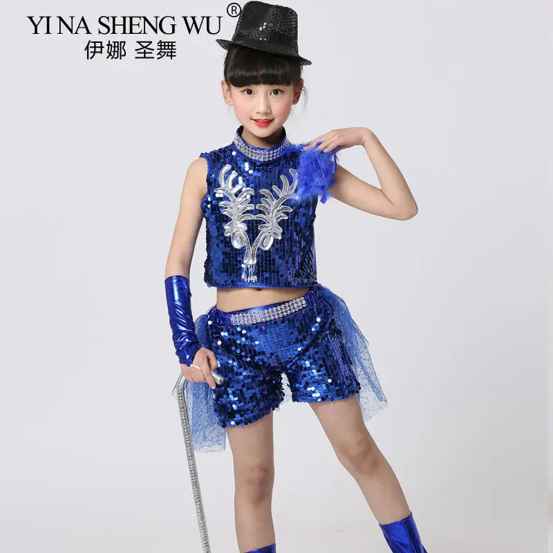 Kids Jazz Dance Costume Boys and Girls Blue Sequin Crop Top Suit Hip Hop Jazz Dance Performance Shirt Skirt Street Dance Wear