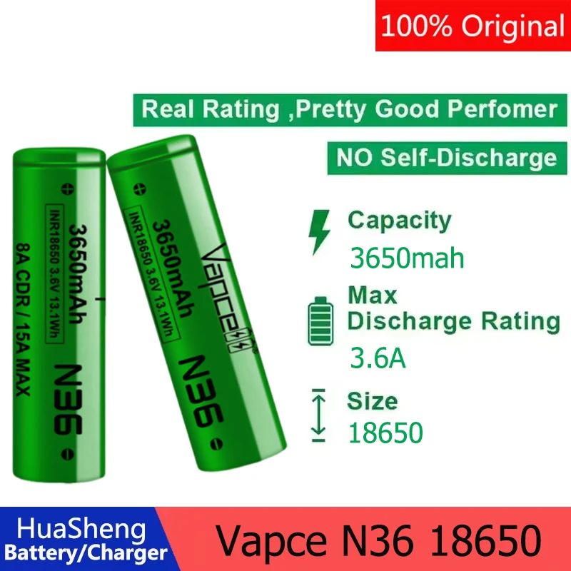 

Аккумулятор Vapcell 18650 класса A, N36, с плоским контактом, 3650 мАч, максимальная емкость, 3.6В, максимальный ток 15А, перезаряжаемый, для электрических игрушек