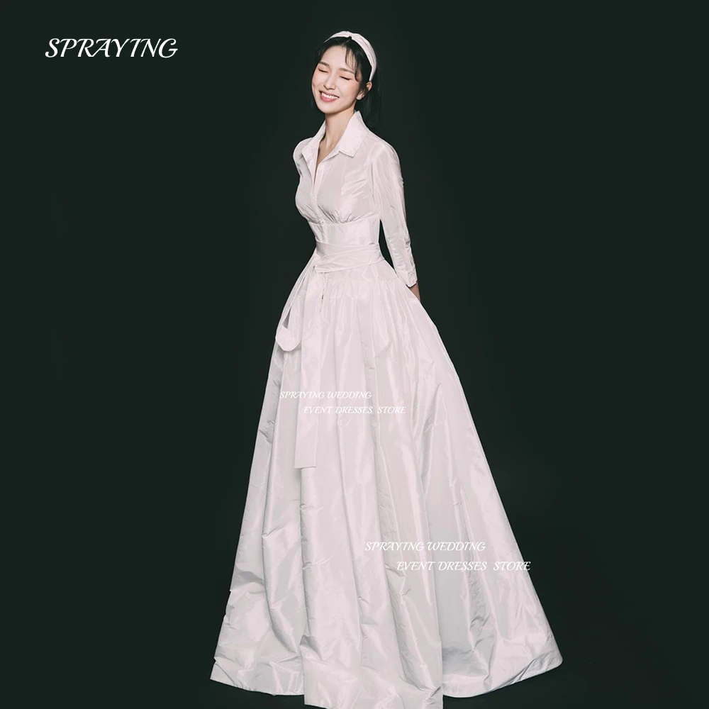 

SPRAYING Design V Neck Korea Wedding Dress Long Sleeve Floor Length Bridal Gown Simple Sheath Silk Taffeta 웨딩드레스 Custom Made