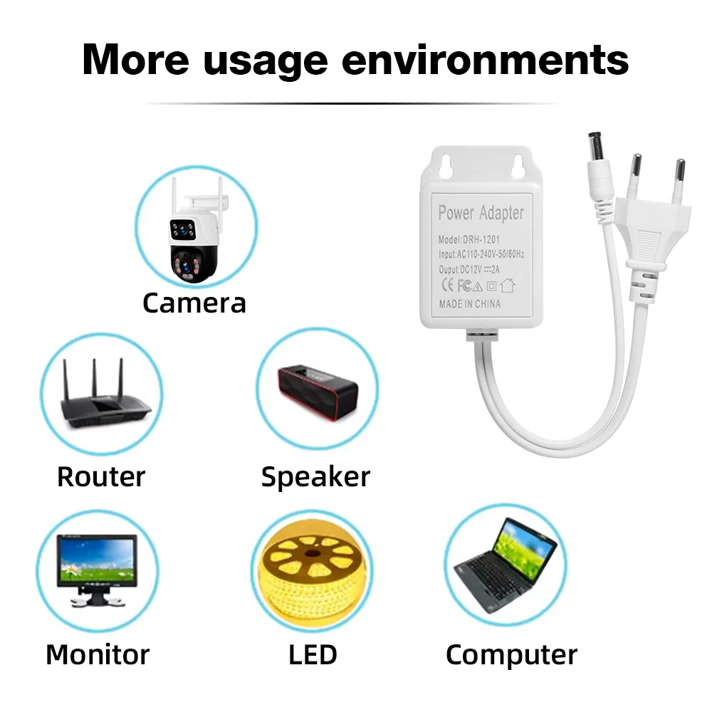 White Color CCTV Camera Power Adapter Waterproof Outdoor AC/DC 12V 2A Power Supply EU US Plug Adapter CCTV Camera Charger