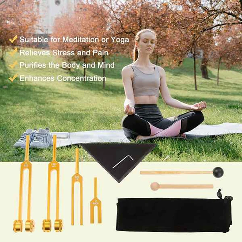 4 Piece Tuning Fork Set (4096C, MI528, 128C, OM136.1) For Solfeggio, For Chakras, Sound Healing, Stress Relief, Gold