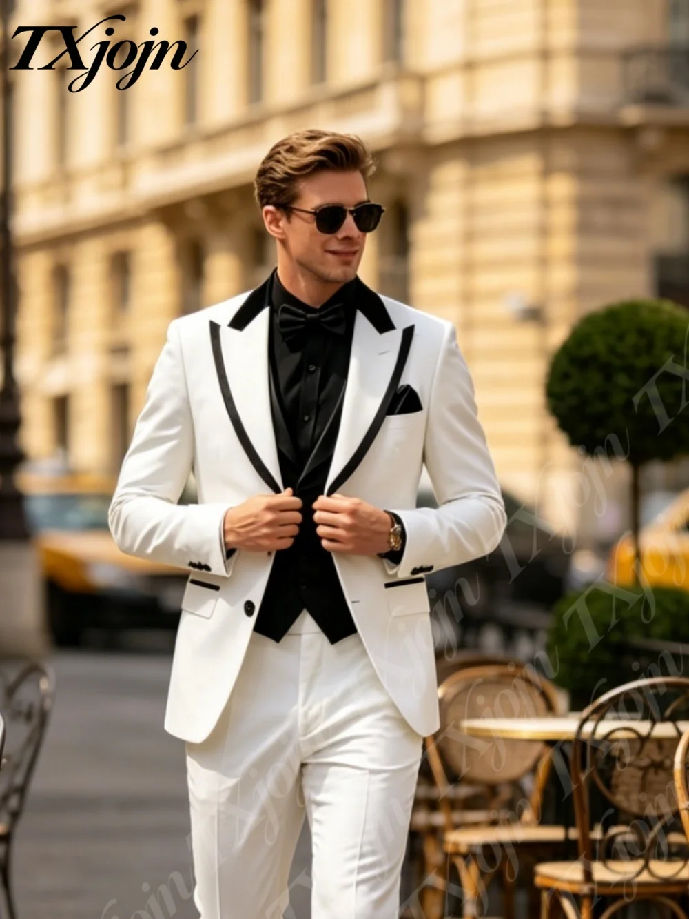 

Classic White 3PCS Tuxedo For Men Slim Fit Formal Suit With Black Lapel For Wedding Prom Party And Special Occasions Customized