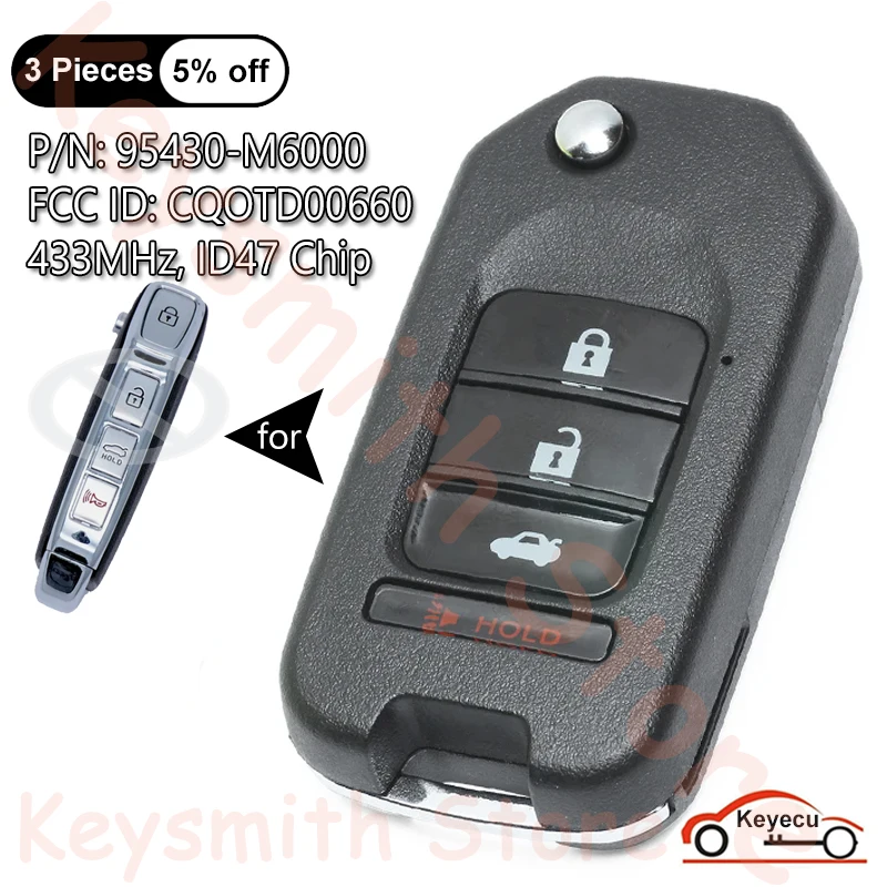 KEYECU 4 Buttons 433MHz ID47 Chip for Kia Forte 2019 2020 2021 Auto Upgraded Flip Remote Key Fob FCC ID: CQOTD00660, 95430-M6000