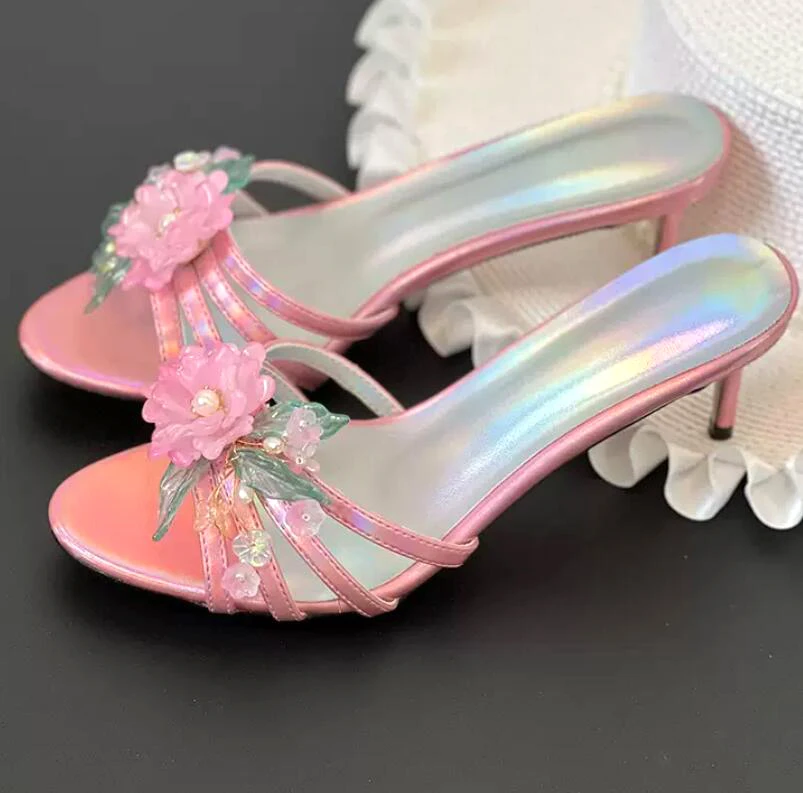 Beauty Pink Peony Flower Strappy Slipper Sandals Laser Patent Leather Peep Toe Thin High Heels Cutout Sandalias