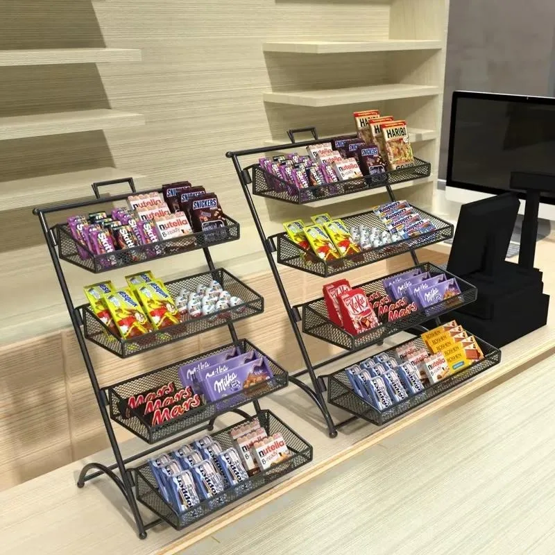 4 Layer Foldable Countertop Display Rack Silk Mesh Shelf for Convenience Store Snack Product Organization