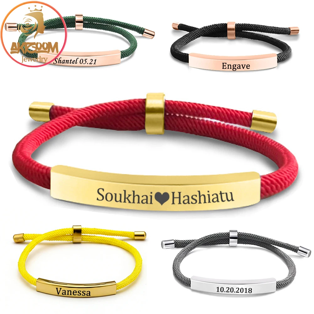 Personalized Custom Name Braided Rope Bracelets For Men Women Engraved Name Date Twisted Chain Couple Bracelet Jewelry Gift