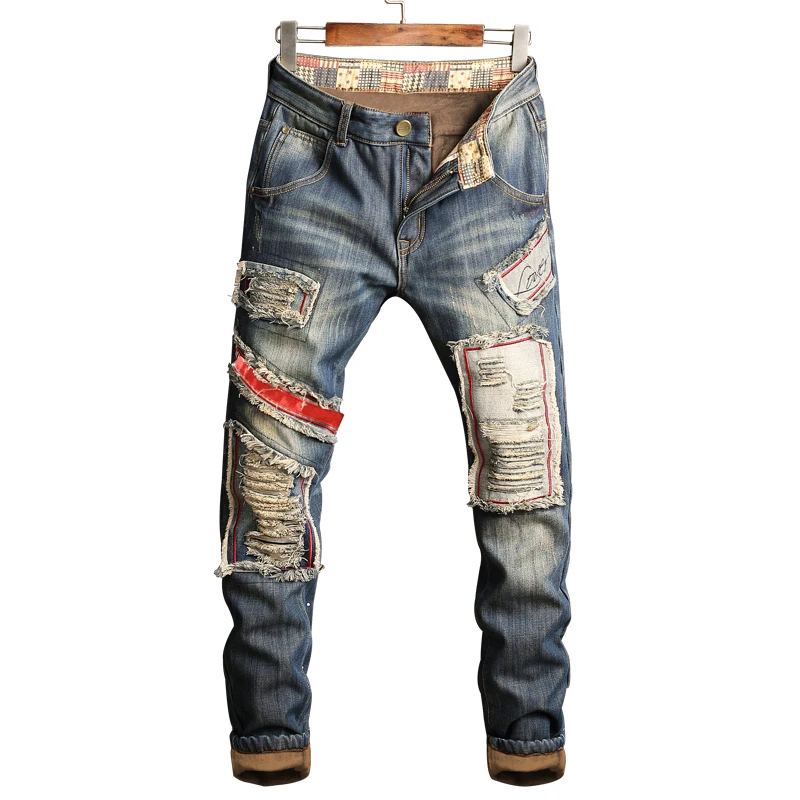 2025 New Winter Faux Fur Lined Pants Men - Embroidered Ripped Patch Loose Fit Straight Leg Retro Nostalgic Trousers